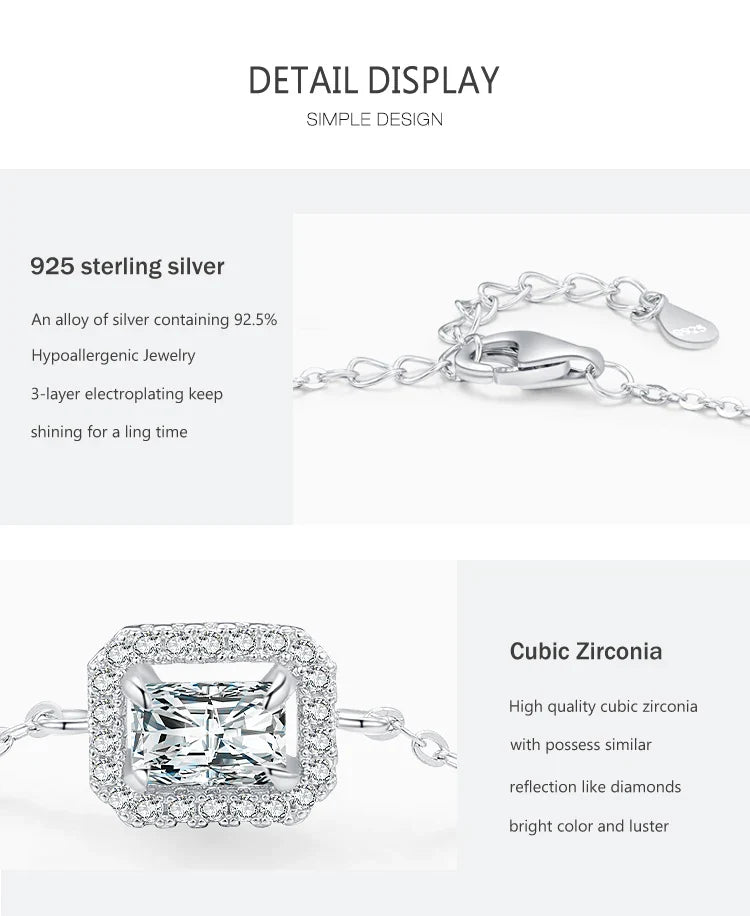 925 Sterling Silver Luxury Dazzling Rectangle1Ct Zirconia Link Chain Charm Bracelet For Women Wedding Engagement Jewelry