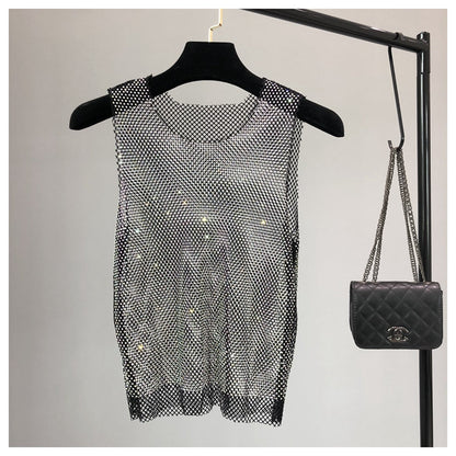 Crystal Beading Shiny Tanks Party Club Sexy Hollow Out Diamonds Stamping Camis Winky Sleeveless Vest