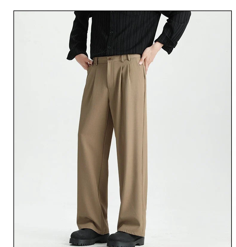 Spring New Loose Straight Pants Men Elastic Waist Double Pleats Wide Legs Casual Drape Fashionable Anti-wrinkle Trousers