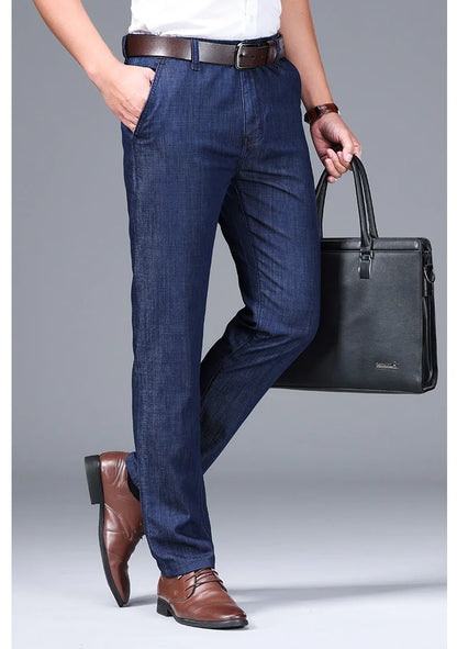 Modal Fabric Spring Summer Men's Black Thin Straight Jeans Classic Style Business Fashion Stretch Loose Jeans Male Brand