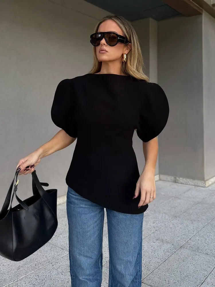 Spring Puff Sleeve Blouse For Women Casual O Neck Short Sleeve Shirts Summer Woman Fashion Solid Office Lady Chic Tops