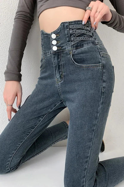 Y2K Jeans Four Buttons Vintage High Waist Women Slim Stretch Denim Pants