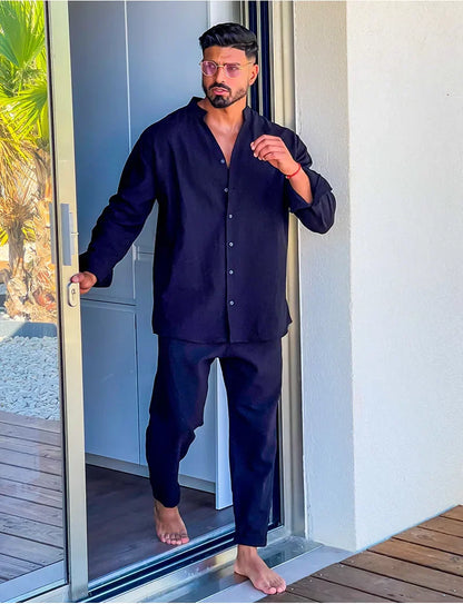 Autumn men's new fashion solid color suit cotton cardigan lapel long sleeve pants suit