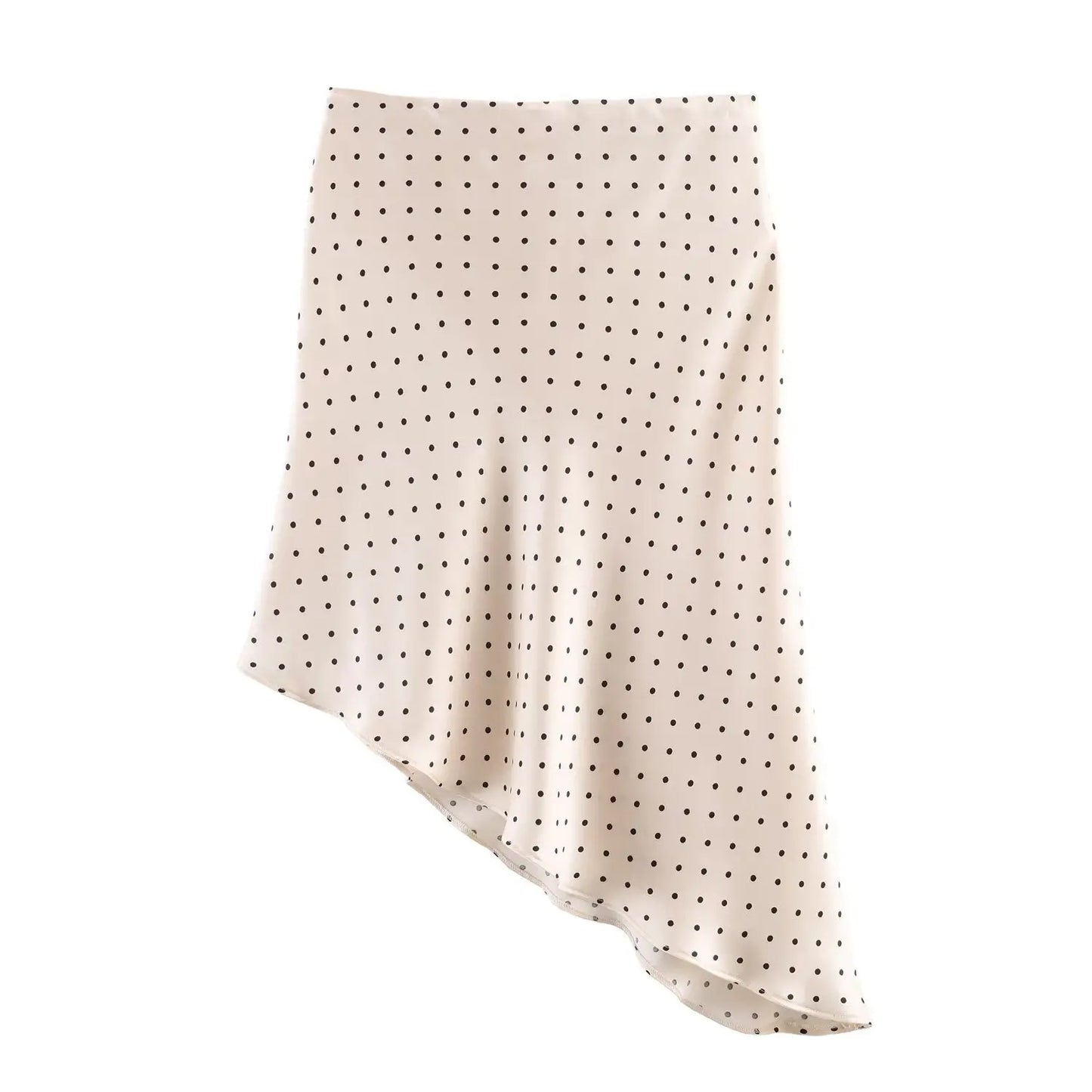 Elegant Women's Polka Dot Satin Midi Skirt High Waist Asymmetrical Hem Flowy Slip Skirt
