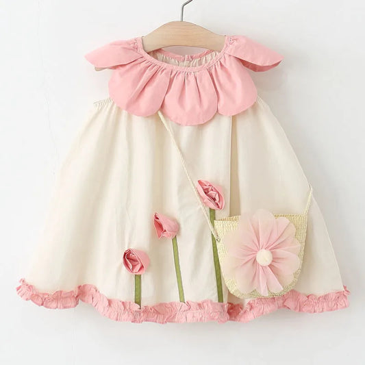 2Piece Sets Girls Summer Clothes Korean Cute Flower Doll Collar Sleeveless Cotton Kids Dresses+Bag Toddler Princess Dress B095