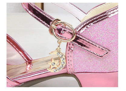 Girls Princess Sandals Summer Open-toe Elegant Children High Heels Fashion Sequins Crown Kids Causal Glitter Wedding Dress Shoes