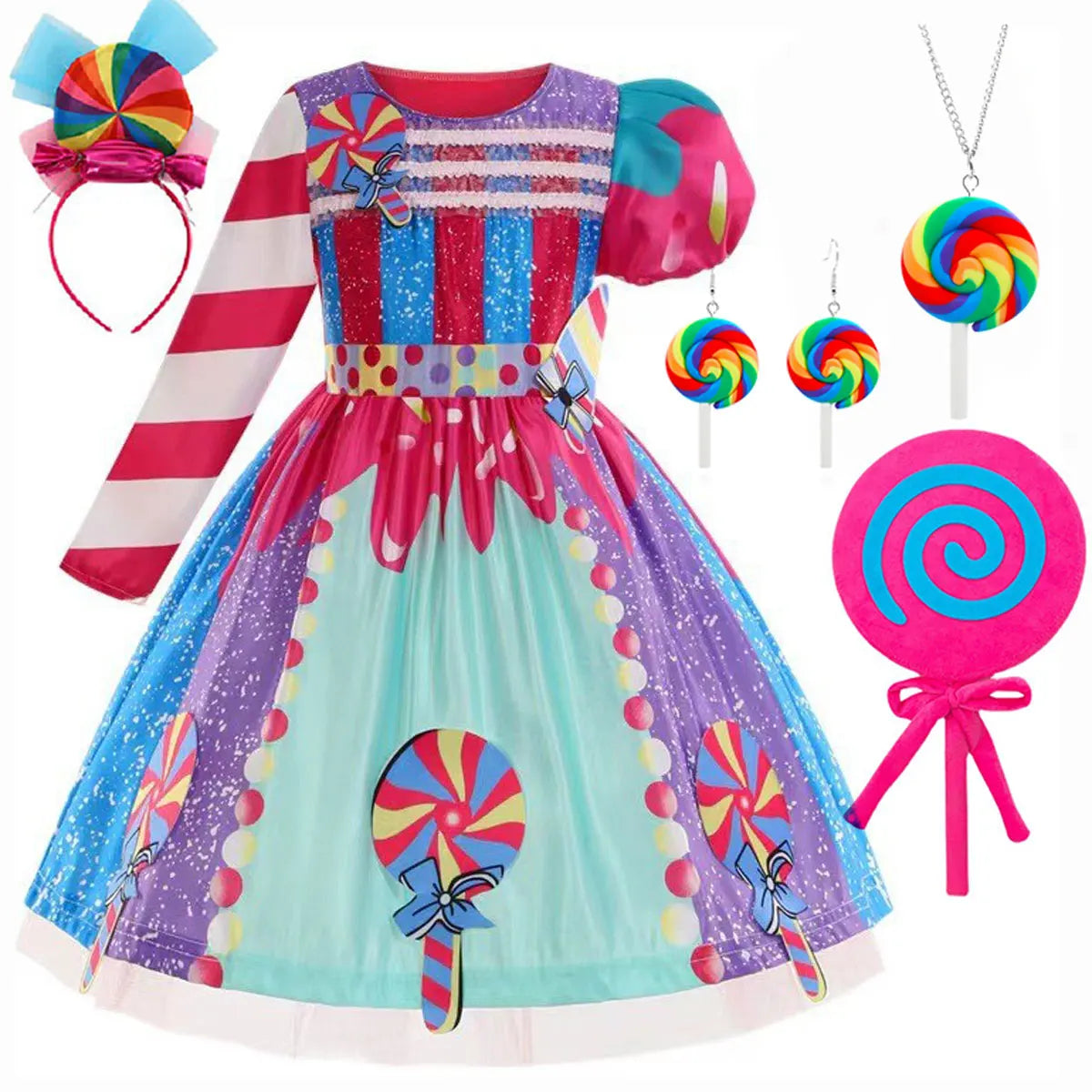 New Sweet Lollipop Candy Girl Dress Carnival Party Little Kids Birthday Costume Fancy Rainbow Tutu Children Wedding Clothes