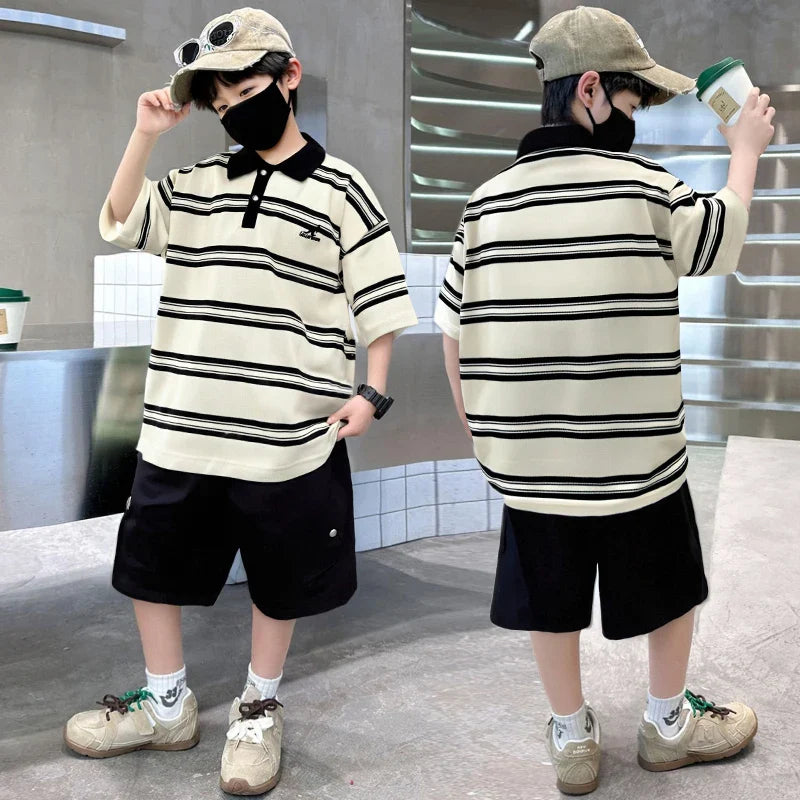 2025 New Kids Boys Cotton Top and Bottom Clothing Set for Child Stripe Polo Shirt + Shorts Two Pieces Summer Outfit Clothes Set