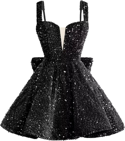 Sparkly Sequin Homecoming Dresses 2026 Short Spaghetti Straps V Neck Cocktail Party Gowns with Bow  Mini Dress Graduation Dress