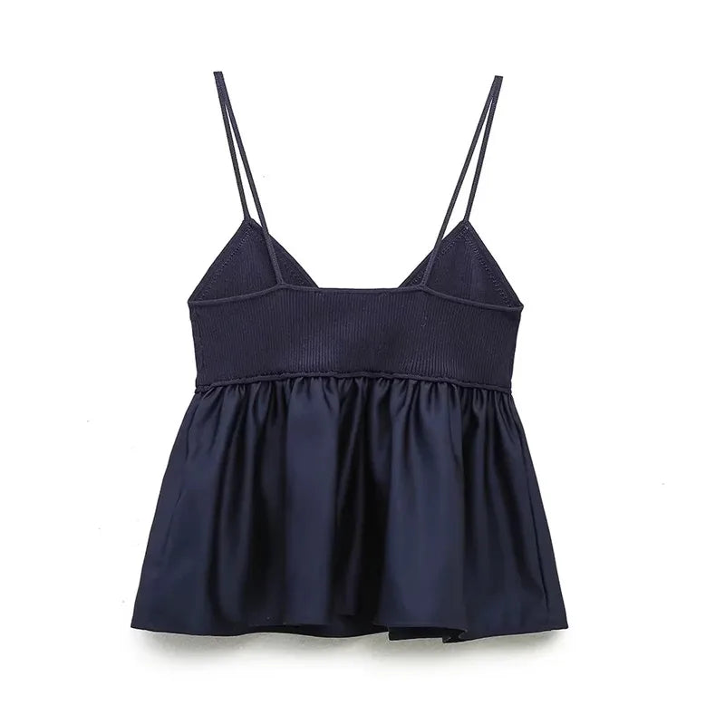 Blue Knitted Top Female Sleeveless Crop Tops Women 2024 Summer Backless Corset Top Woman Patchwork Ruffle Beach Tank Tops