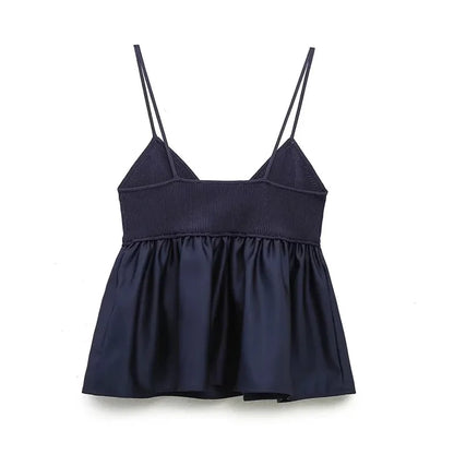 Blue Knitted Top Female Sleeveless Crop Tops Women 2024 Summer Backless Corset Top Woman Patchwork Ruffle Beach Tank Tops