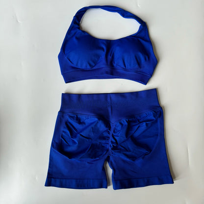 Yoga Shorts Set Seamless Yoga Set Workout Scrunch Shorts Sets Halter Sports Bra Scrunch Shorts Fitness Clothes Gym Suit