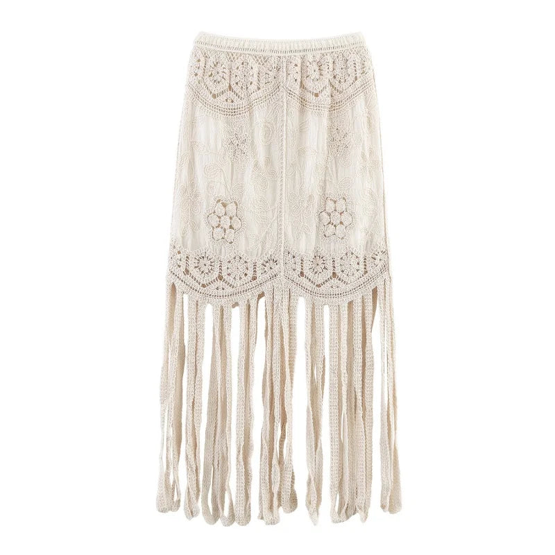 Women's Summer Knitted Boho Fringe Midi Skirt, Lightweight and Breathable, Perfect for Beach Play and Vacation