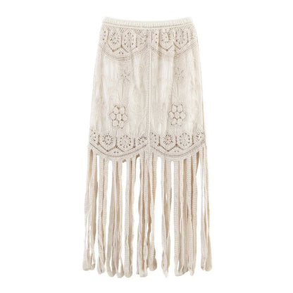 Women's Summer Knitted Boho Fringe Midi Skirt, Lightweight and Breathable, Perfect for Beach Play and Vacation