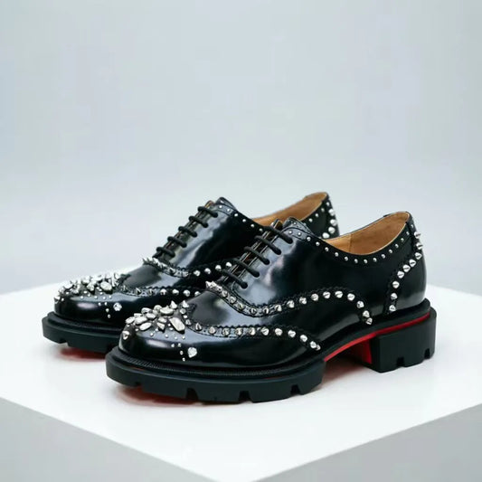 Men's Patent Leather Platform Oxfords Shiny Crystal Rivet Brogue Dress Shoes Luxury Lace-up Formal Business Wedding Party Male F