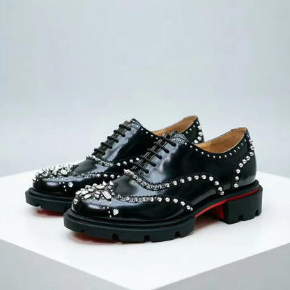 Men's Patent Leather Platform Oxfords Shiny Crystal Rivet Brogue Dress Shoes Luxury Lace-up Formal Business Wedding Party Male F