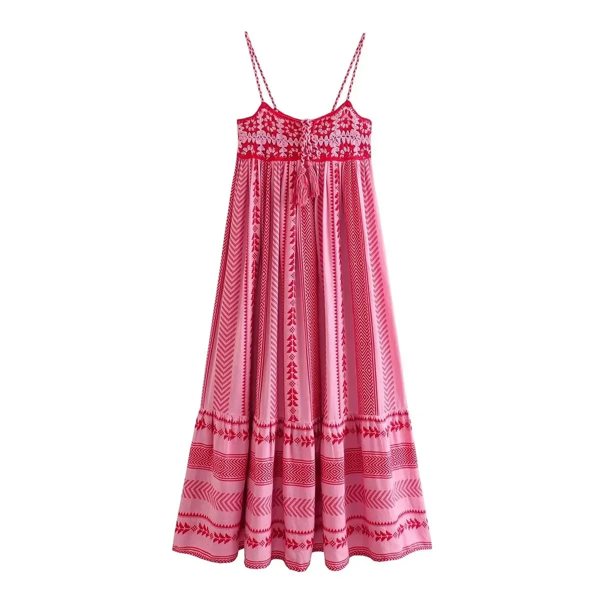 Women Bohemian Midi Dress Vacation Charm Splice Knitted Vintage Strap Dress Women Vestidos Mujer