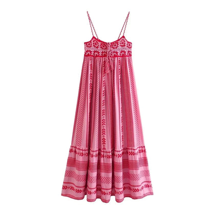 Women Bohemian Midi Dress Vacation Charm Splice Knitted Vintage Strap Dress Women Vestidos Mujer