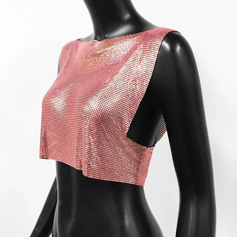 Sexy Metal Sequin Tank Top For Women y2k Summer Beach Backless Crop Top Rave Festival Club Outfits Camisole