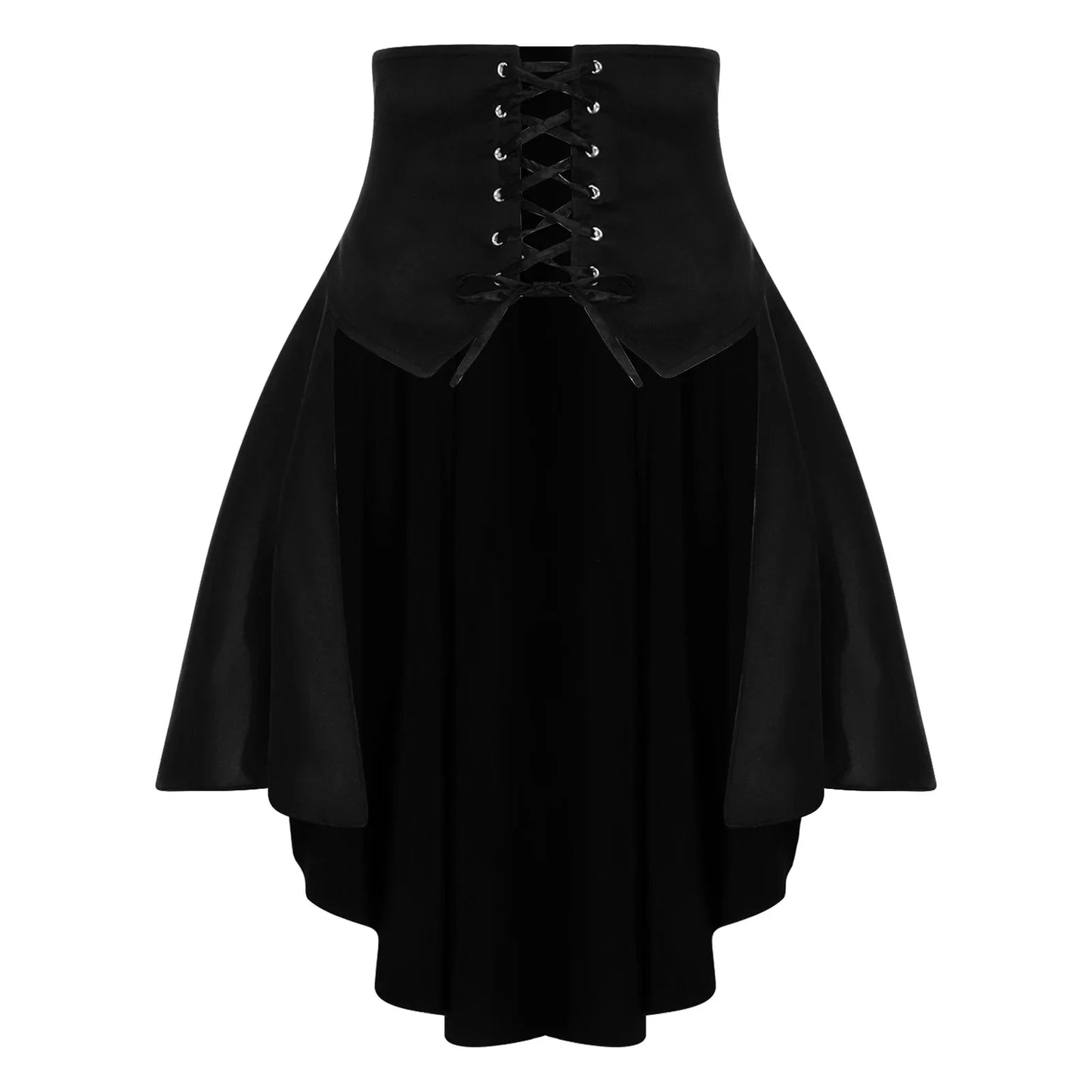 Womens Gothic Steampunk Satiny Pirate Skirt Front Lace-up Tiered Ruffled Irregular Hem Skirt Waist Belt Vintage Medieval Costume