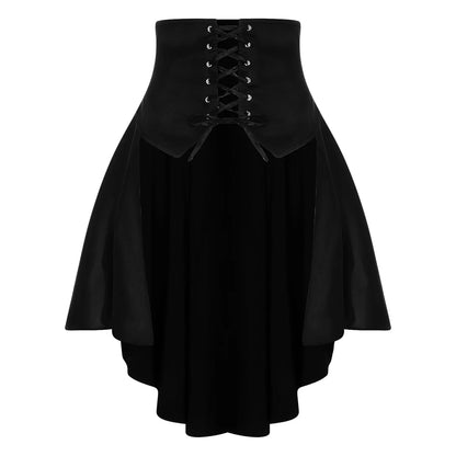 Womens Gothic Steampunk Satiny Pirate Skirt Front Lace-up Tiered Ruffled Irregular Hem Skirt Waist Belt Vintage Medieval Costume