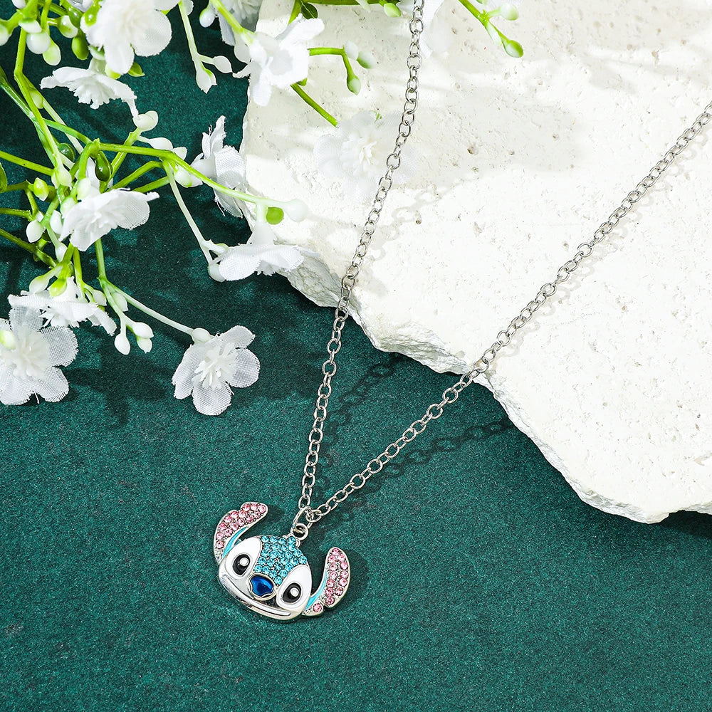 Stitch Cartoon Pendant Necklace Cute Filled Rhinestones Jewelry Personality Sweater Chain Gift for Fashion Lovers