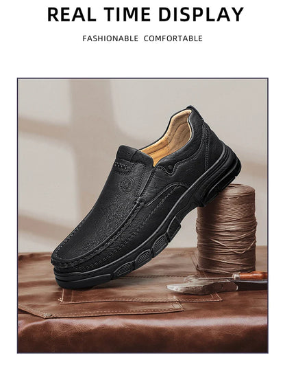 Men's Handmade Thick Rubber Bottom Breathable Casual Leather Shoes Classic Sewn Loafers Comfortable Leisure Footwear