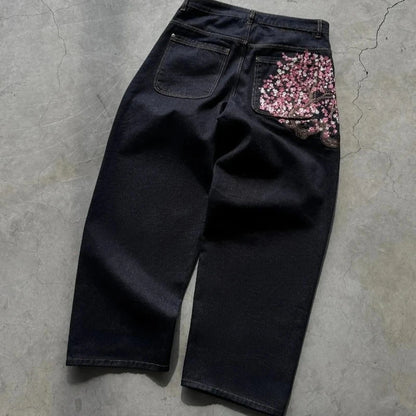 Y2K Baggy jeans Cherry Blossom Selvedge Embroidery Denim Pants men women denim fabric American Hiphop Streetwear Wide Leg Jeans