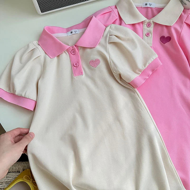 Girls Cotton Lapel Collar Dress Cute Solid Color  Pink  A-line Dress Kids Casual Skin-friendly Daily  Dress