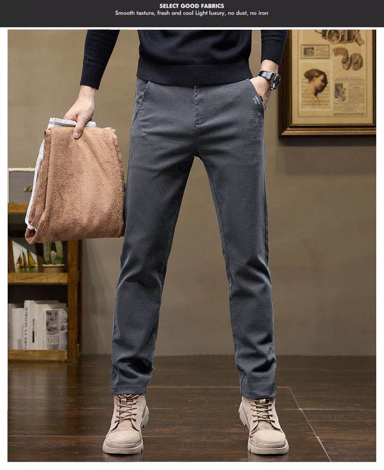 Winter Thicken Men's Solid Slim Straight Casual Pants Business Classic Fleece Trousers Male Warm Plaid Elasticity Pants
