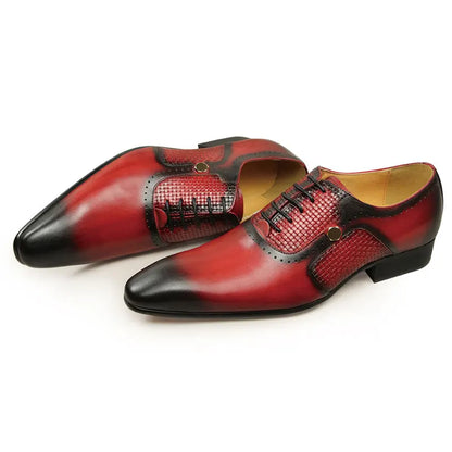 New Men's Business Leather Shoes Fashion Summer Lace-Up Red Black Hand Carved Wedding Shoes Anniversary Office Oxford Shoes