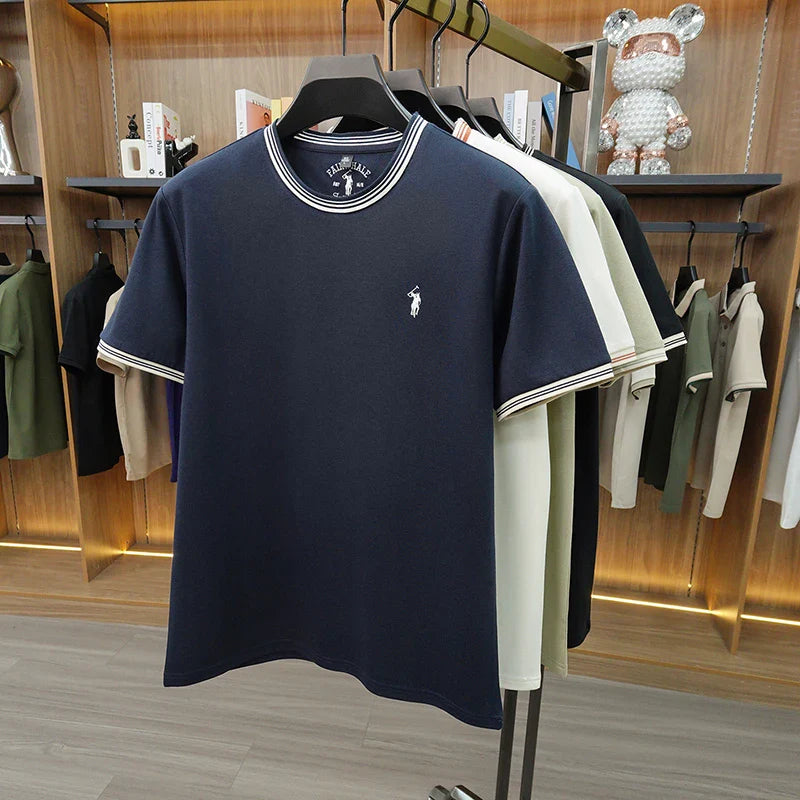 Summer New Cotton Men's Light Luxury Embroidered Versatile Round Neck Loose Short Sleeved Top