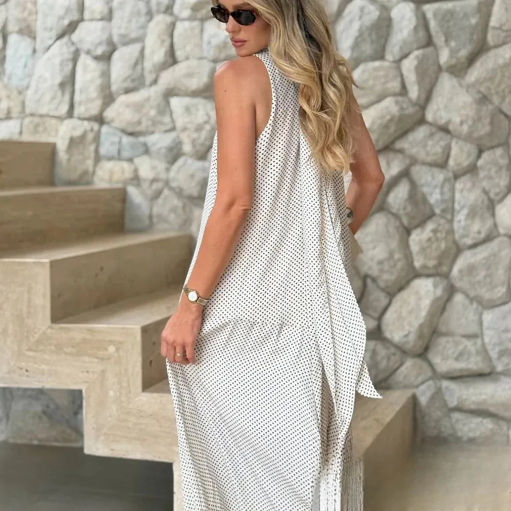 Halter Scarf Dot Print Dress Women Sleeveless Backless Chiffon Holiday Dress Fashion 2025 Summer Loose Beach Dress
