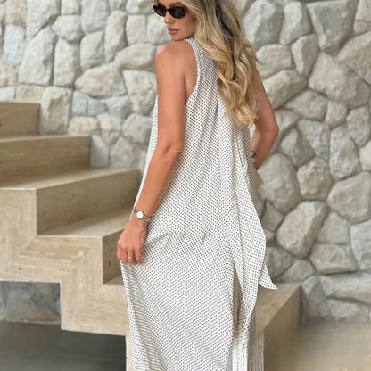 Halter Scarf Dot Print Dress Women Sleeveless Backless Chiffon Holiday Dress Fashion 2025 Summer Loose Beach Dress