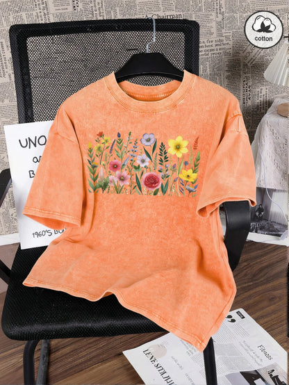 Rich Colors Simple Flowers Print Washed Female T-Shirt Summer Breathable T-Shirt Cotton Soft Short Sleeve All-Match Streetwear