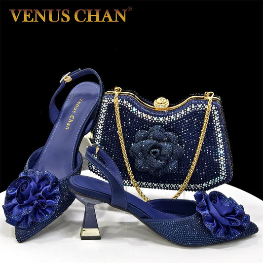 Elegant Shiny Dark blue Handbag and Medium Heel Shoes Set with Beautiful Handmade Flowers for Weddings and Parties