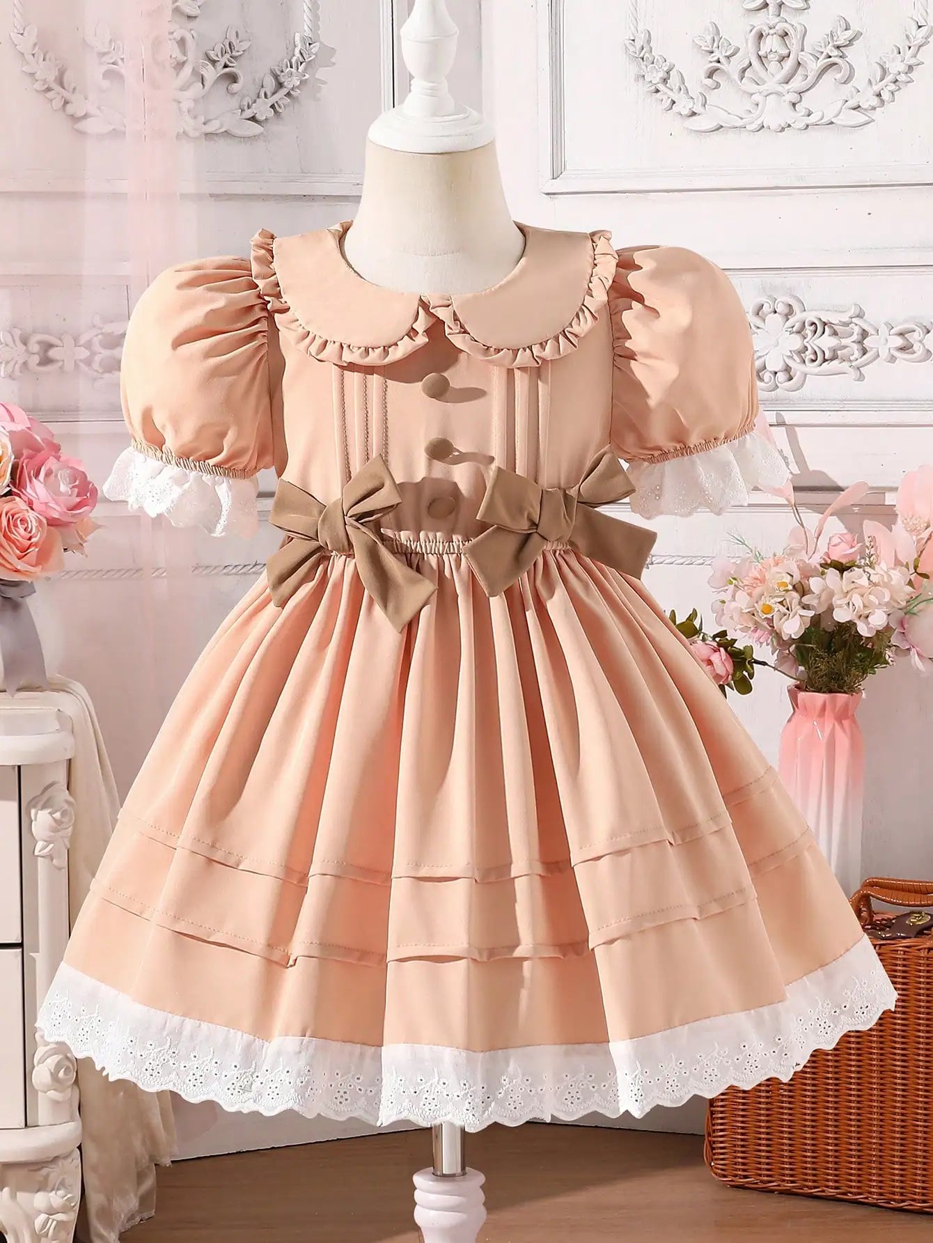 Little Girl's Romantic and Elegant Ladylike Apricot Princess-Style Dress, Decorated with Bows, Stylish Puff Sleeves, Suitable for Birthday Parties, Holiday Events, and Photography. Suitable for Little Girls Aged 4-7, f