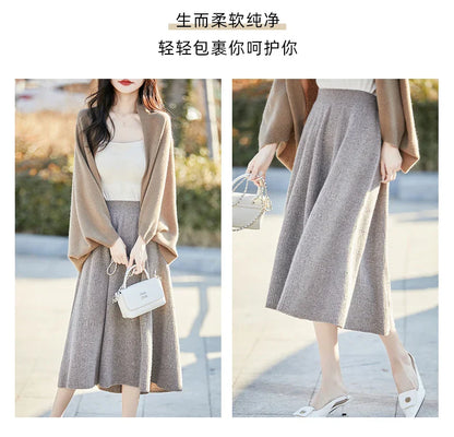 Autumn And Winter High Waist 100% Pure Wool Skirt Female Slim Long Knitted Wool Skirt Loose Wearing A-Line Skirt