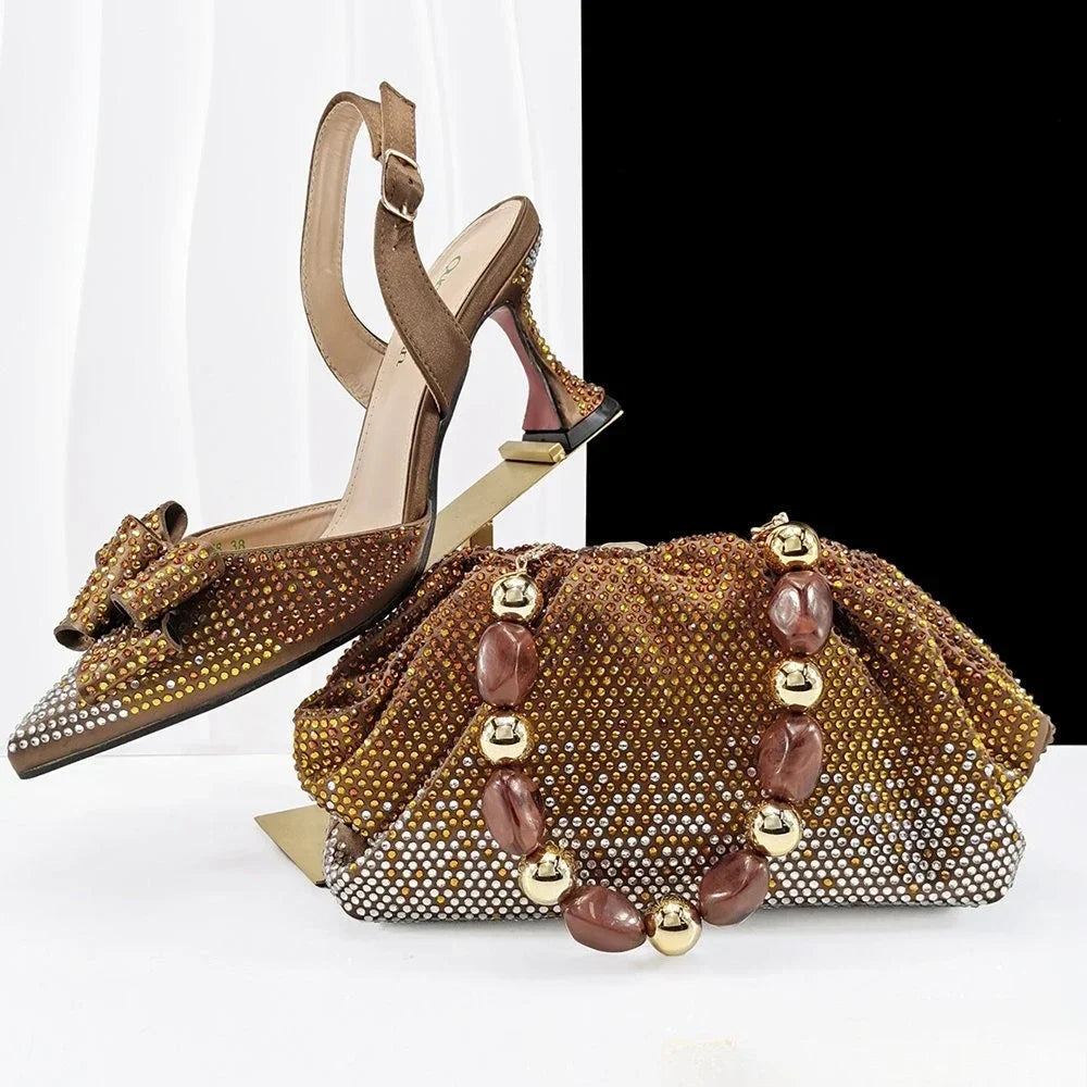Fashion Newest Full of Rhinestone Design Olive Color Lady Sheos and  Metal bead-embellished handbag Set for Parrt Wedding