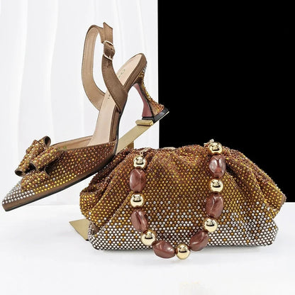 Fashion Newest Full of Rhinestone Design Olive Color Lady Sheos and  Metal bead-embellished handbag Set for Parrt Wedding