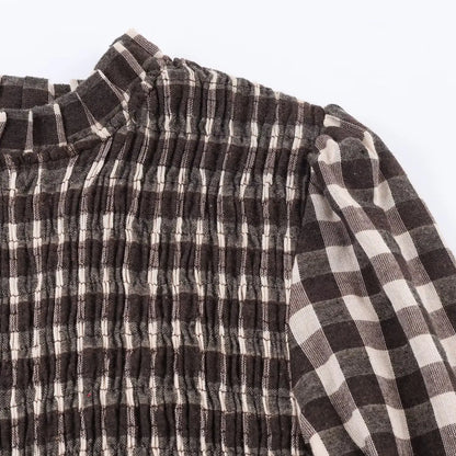 2025 Vintage Chic Brown Plaid Shirts Women Long Sleeve Blouses Fold Fashion Casual Elegant Women Tops Y2k
