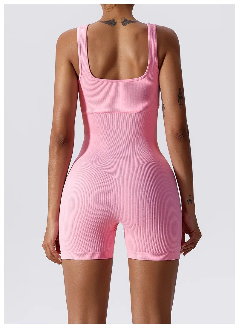 Women's Yoga Rompers One Piece Tummy Control Seamless Ribbed Jumpsuit Padded Sports Bra Workout Romper Fashion Fitness Sportwear