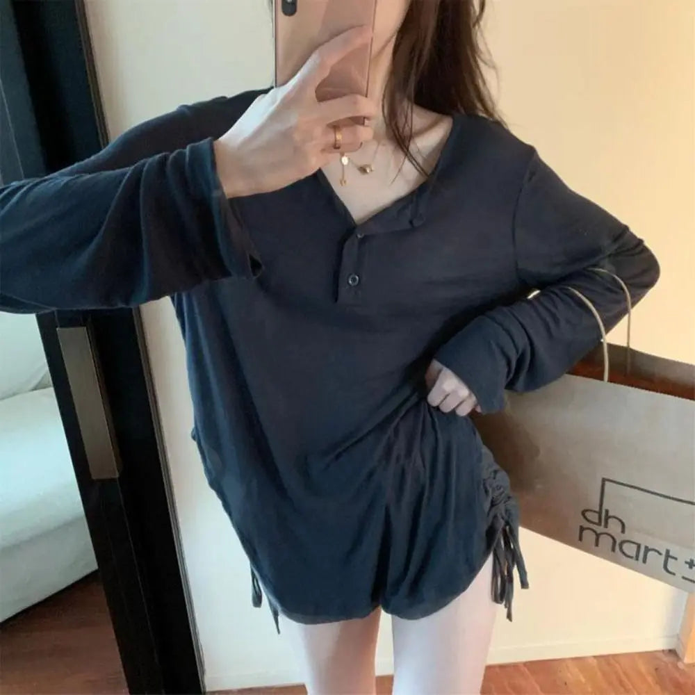 Korean Fashion Y2k Tank Top Long Sleeve V Collar Crop Top Button Sun Protection Frock Lady