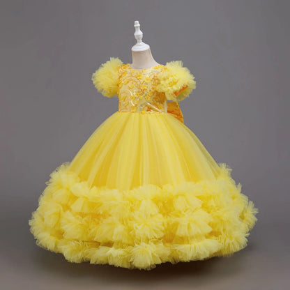 Girls Summer Yellow Sequin Wedding Dresses Wedding Dresses Tulle Carnival Outfits Girls Birthday Party Dresses Girls Ceremony Ou