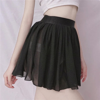 A-Line Pleated Mini Skirt Sheer Sexy Elastic High Waist Black White Solid Lace thin Short Skirts for Woman Spring Summer