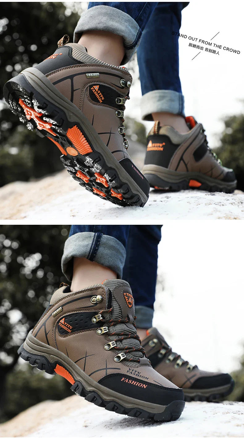 Winter Warm Cotton Shoes Men Outdoor Leather Black Casual Shoes Fur Sneakers High Top Rubber Ankle Boots Male Hiking Trekking 46