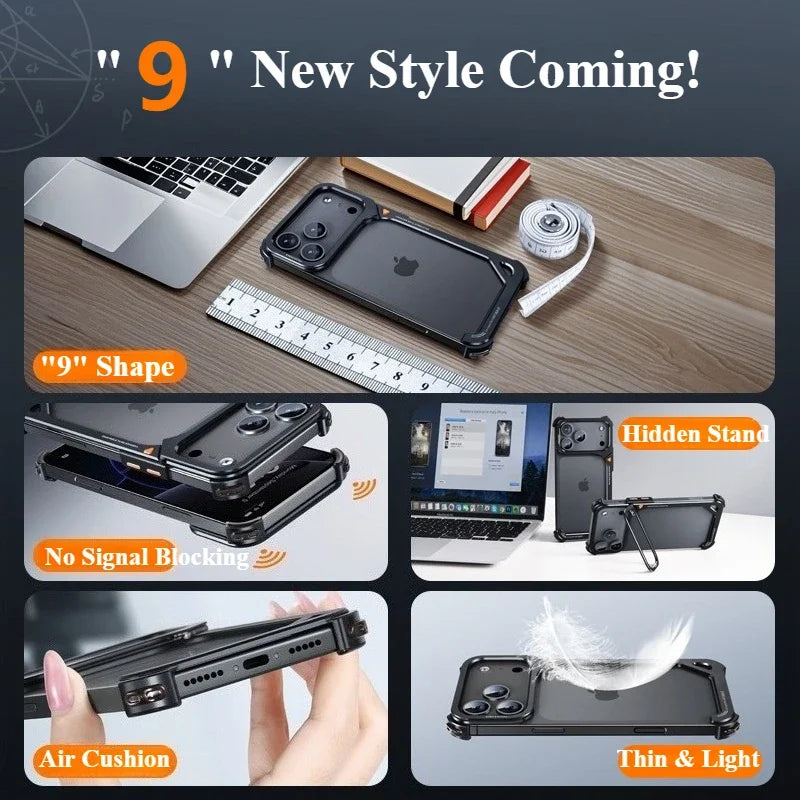 9-Shaped for iPhone 17 Pro Max 17 Pro Phone Case for Magsafe Wireless Charging With Lens Holder Stand Metal Frameless Shell