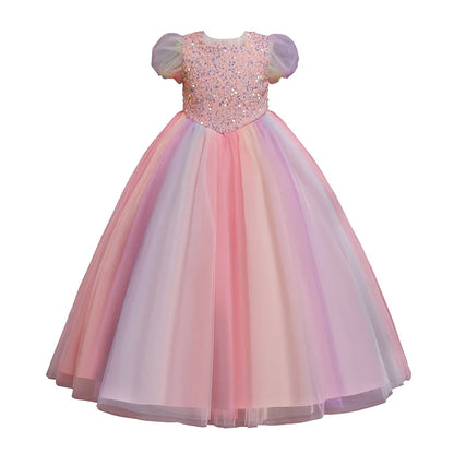 Girls Dress Color Mesh Dress Long Sequin Children's Skirt Girls Piano Host Costumes#323