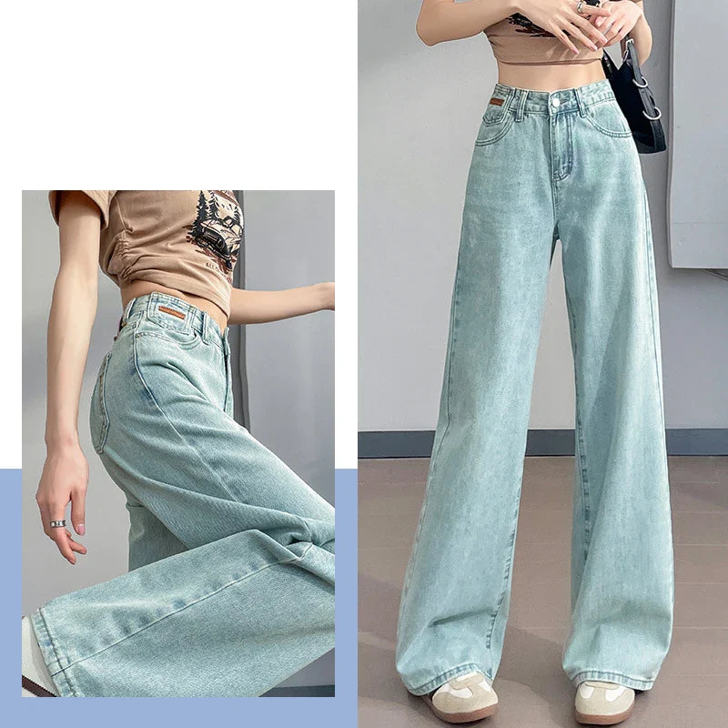 High Waist Embroidery Loose Denim Long Wide Leg Pants