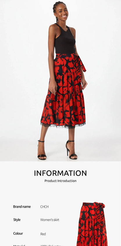 Women's Half length Skirt Summer Retro Red Printed Irregular Long Skirt Fashion Commuter Cake Skirt